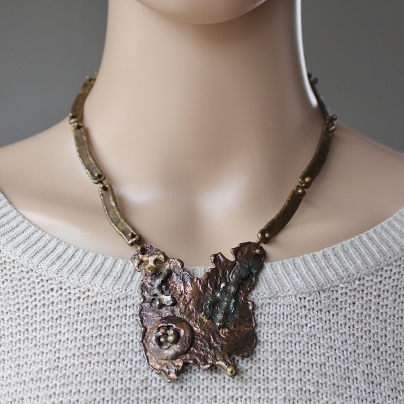 Vintage Jack Boyd Era Molten Bronze Necklace Brutalist Mid-Century Modernist - Picture 1 of 8